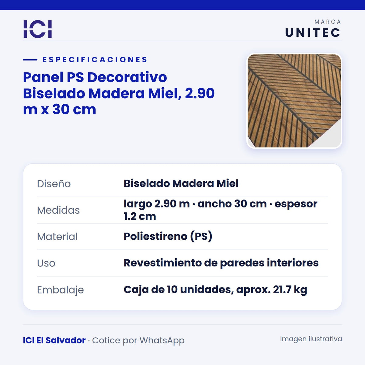 Ficha de especificaciones de Panel PS Decorativo Biselado Madera Miel