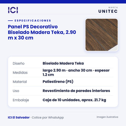 Ficha de especificaciones de Panel PS Decorativo Biselado Madera Teka