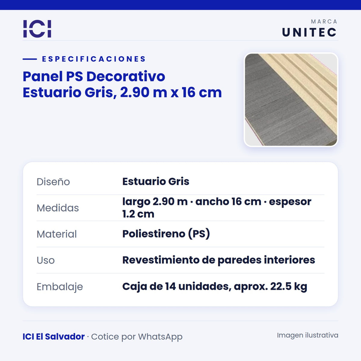Ficha de especificaciones de Panel PS Decorativo Estuario Gris