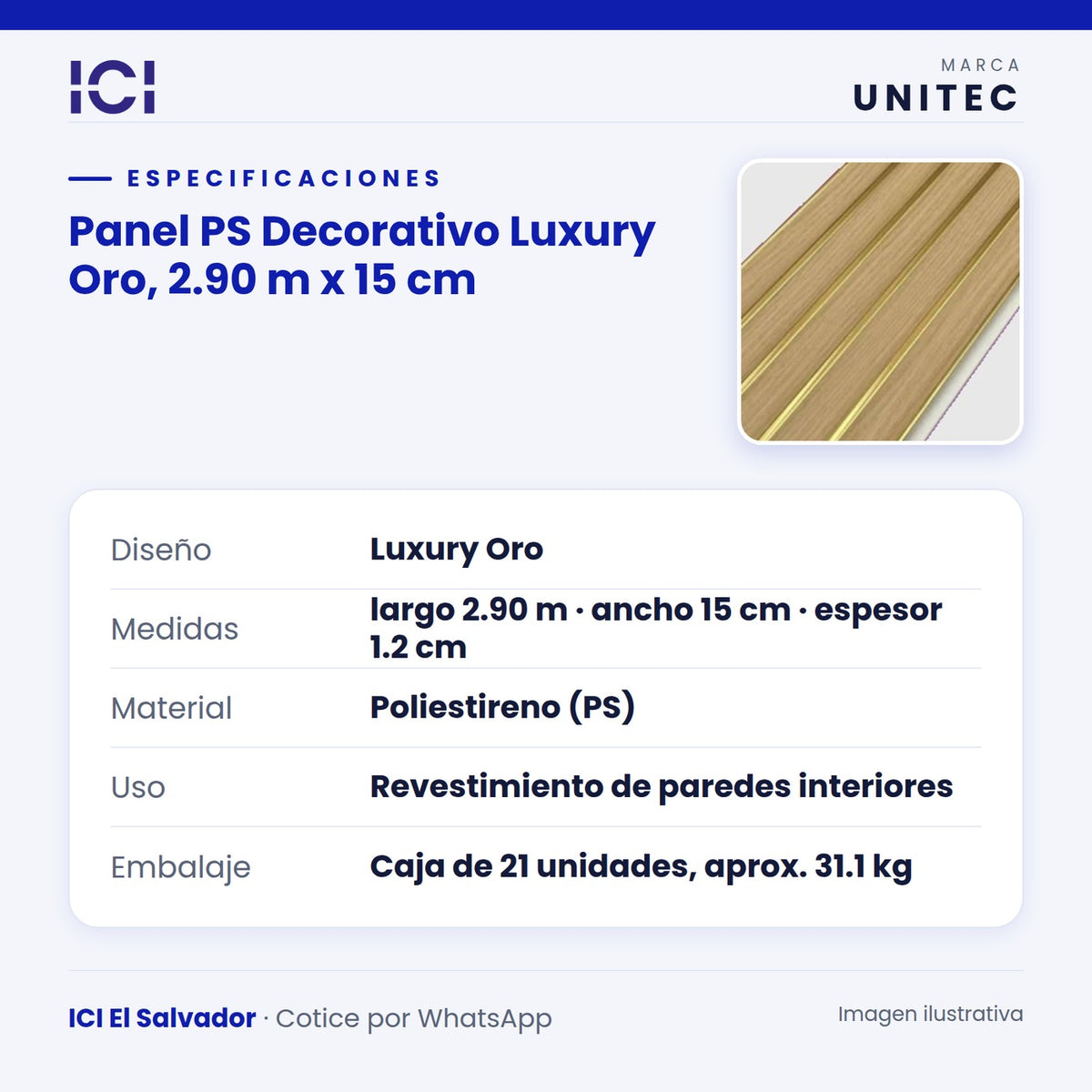 Ficha de especificaciones de Panel PS Decorativo Luxury Oro