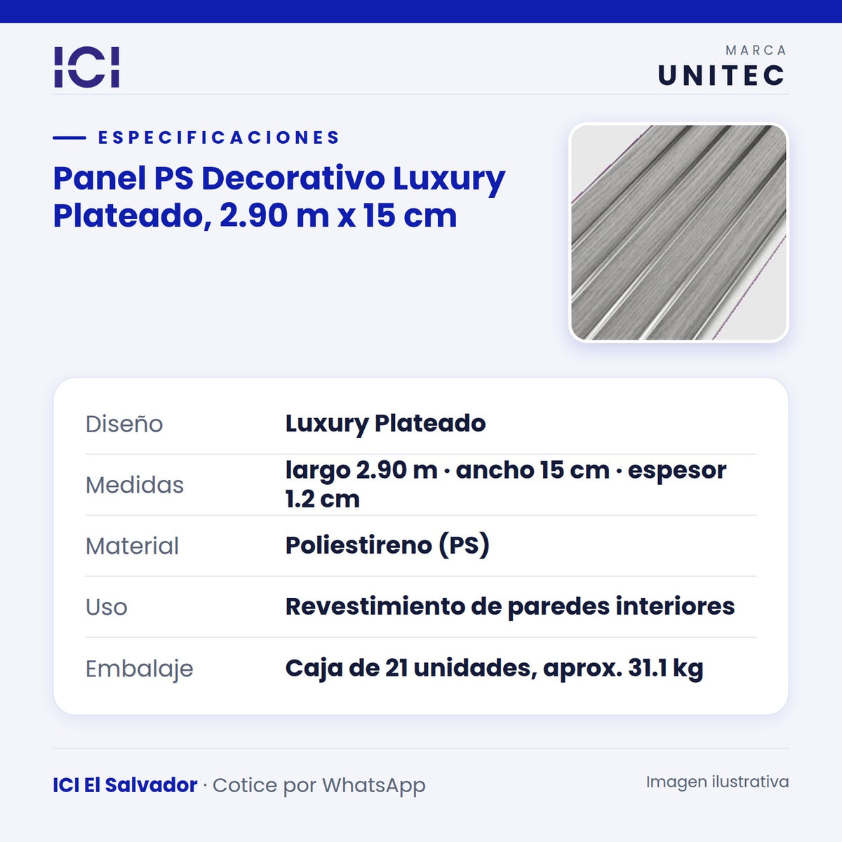 Ficha de especificaciones de Panel PS Decorativo Luxury Plateado