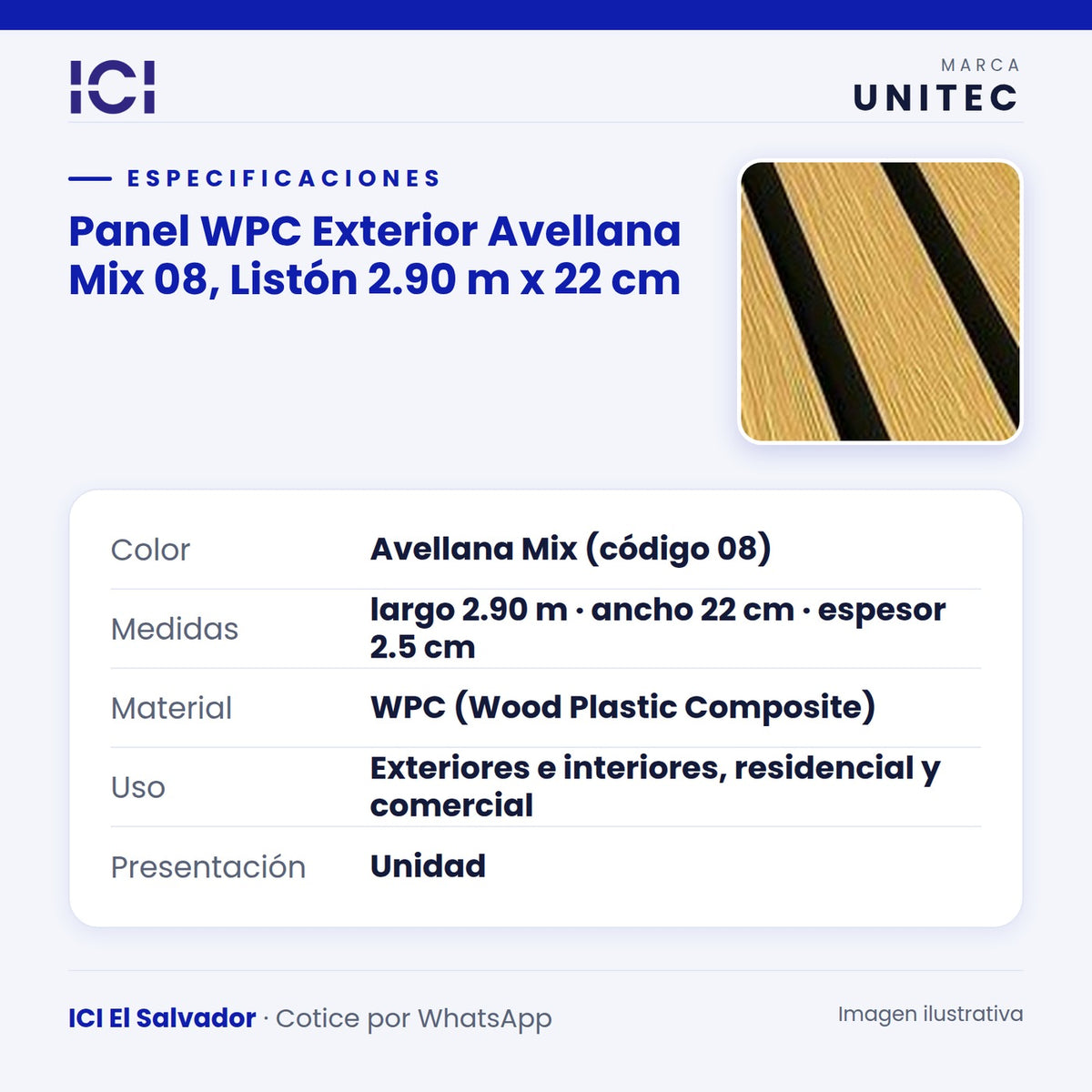 Ficha de especificaciones de Panel WPC Exterior Avellana Mix 08