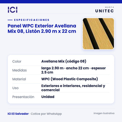 Ficha de especificaciones de Panel WPC Exterior Avellana Mix 08