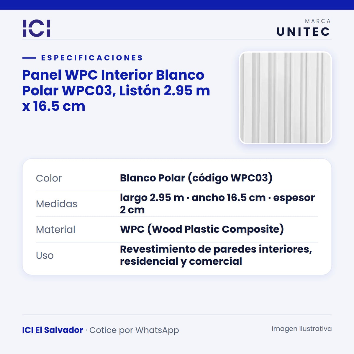 Ficha de especificaciones de Panel WPC Interior Blanco Polar WPC03