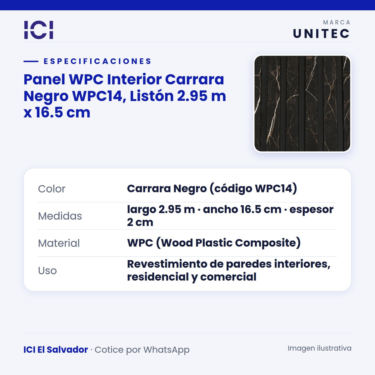 Ficha de especificaciones de Panel WPC Interior Carrara Negro WPC14