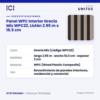 Ficha de especificaciones de Panel WPC Interior Grecia Mix WPC22