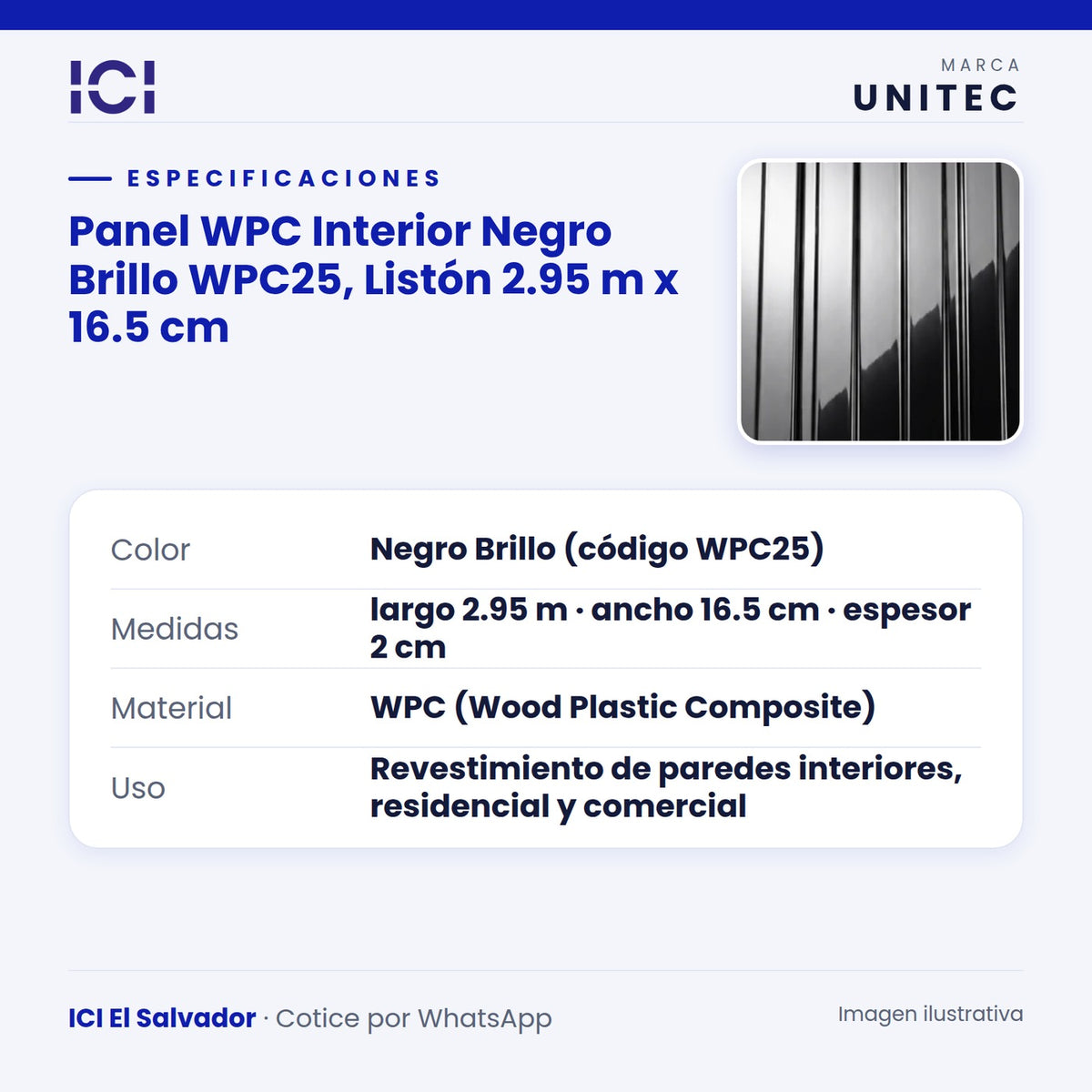 Ficha de especificaciones de Panel WPC Interior Negro Brillo WPC25