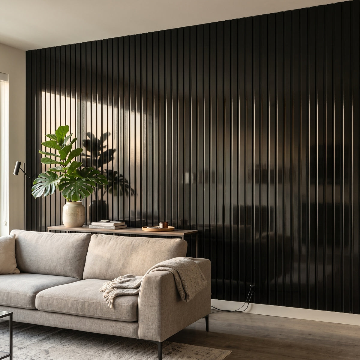 Imagen ilustrativa de Panel WPC Interior Negro Brillo WPC25 instalado
