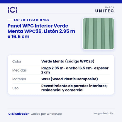 Ficha de especificaciones de Panel WPC Interior Verde Menta WPC26