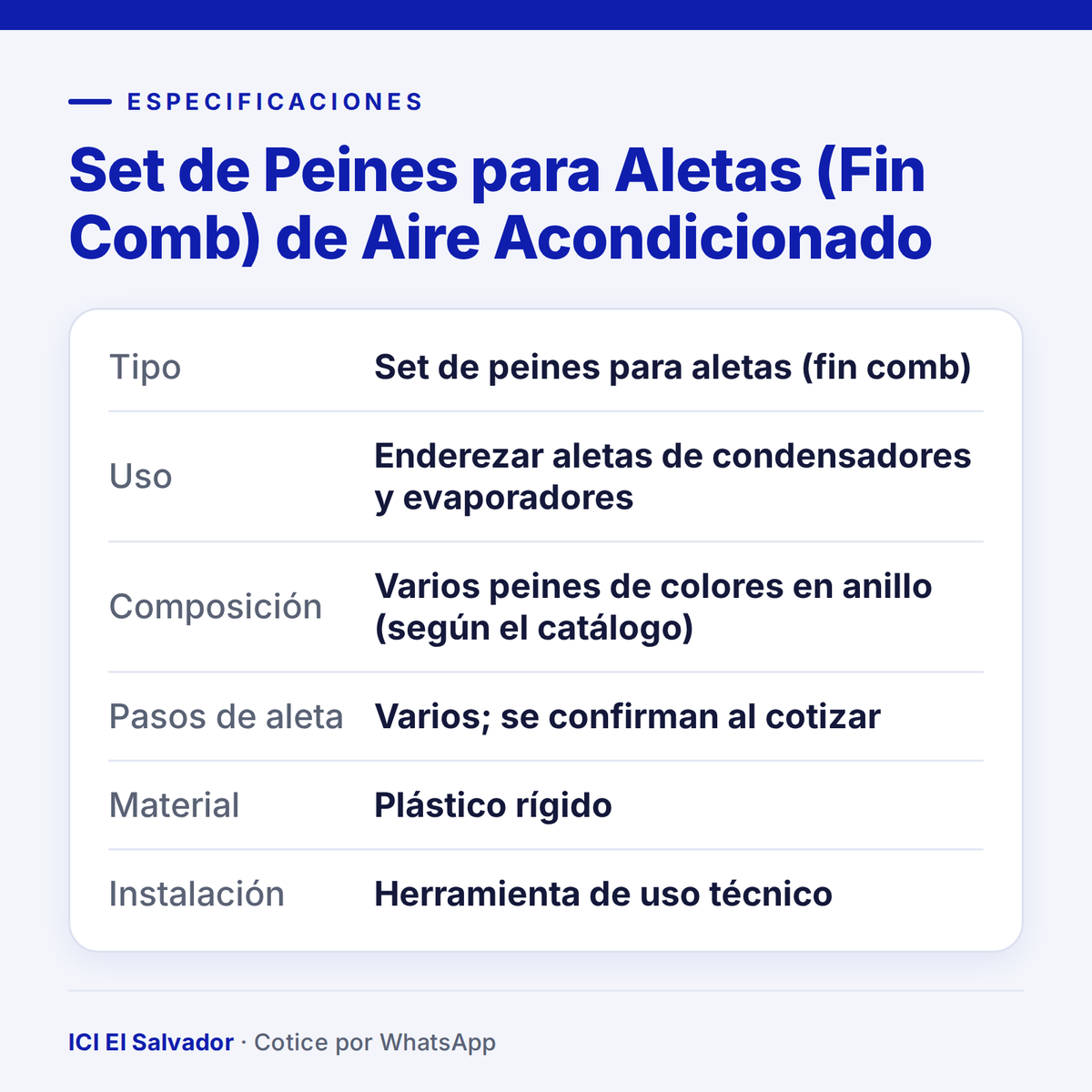 Ficha de especificaciones: set de peines para aletas