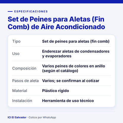 Ficha de especificaciones: set de peines para aletas