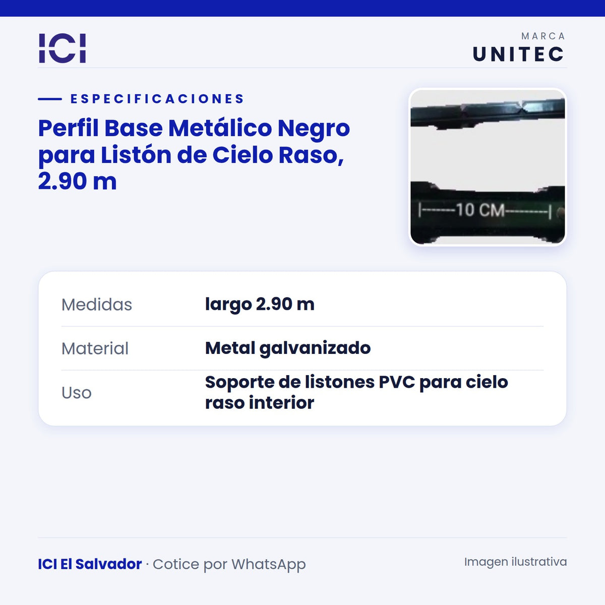 Ficha de especificaciones de Perfil Base Metálico Negro para Listón de Cielo Raso