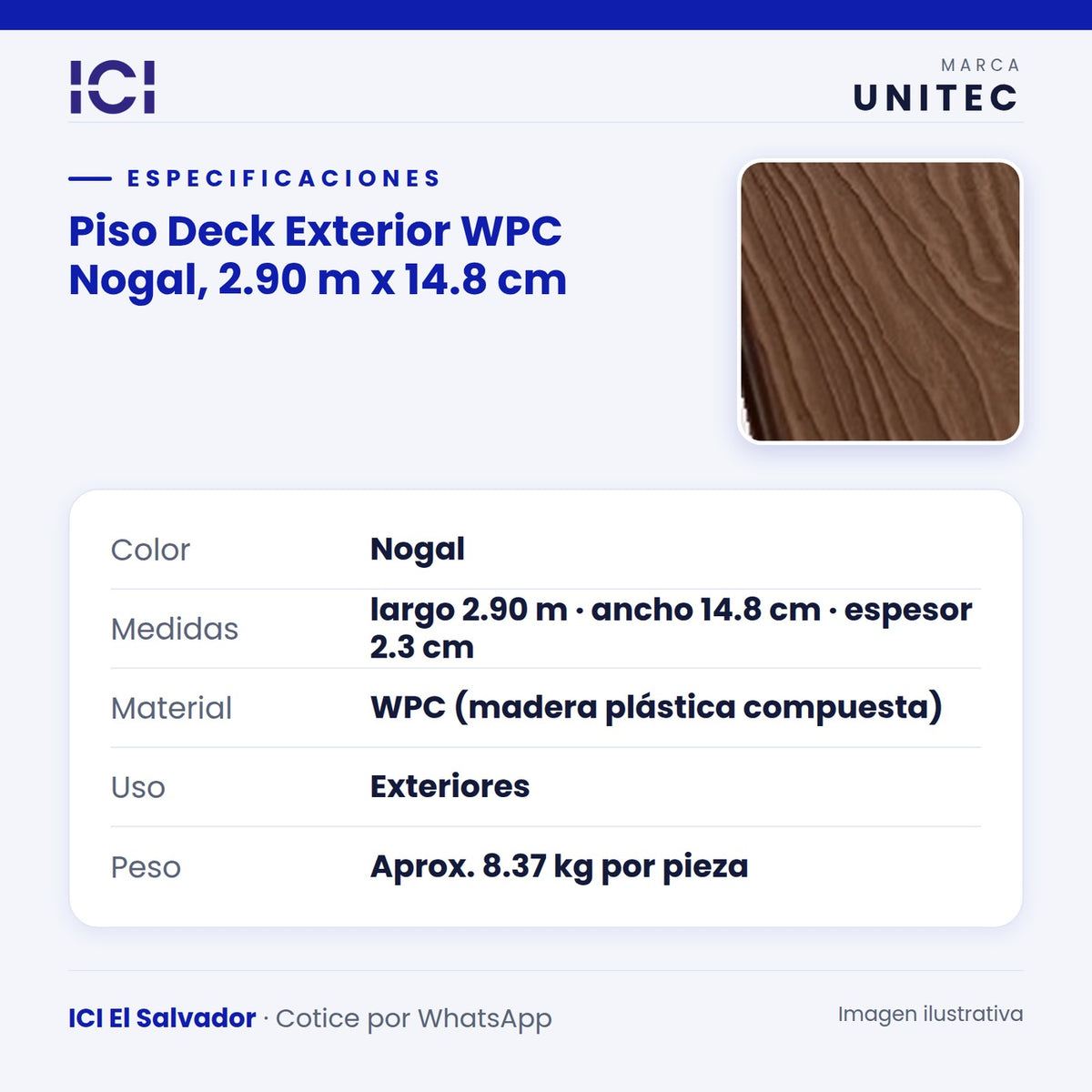 Ficha de especificaciones de Piso Deck Exterior WPC Nogal