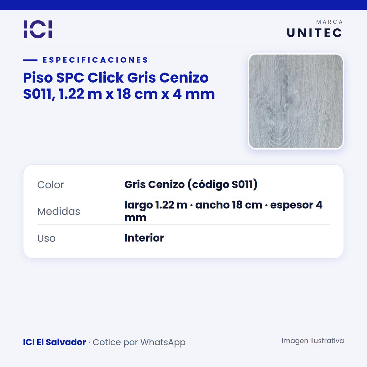 Ficha de especificaciones de Piso SPC Click Gris Cenizo S011