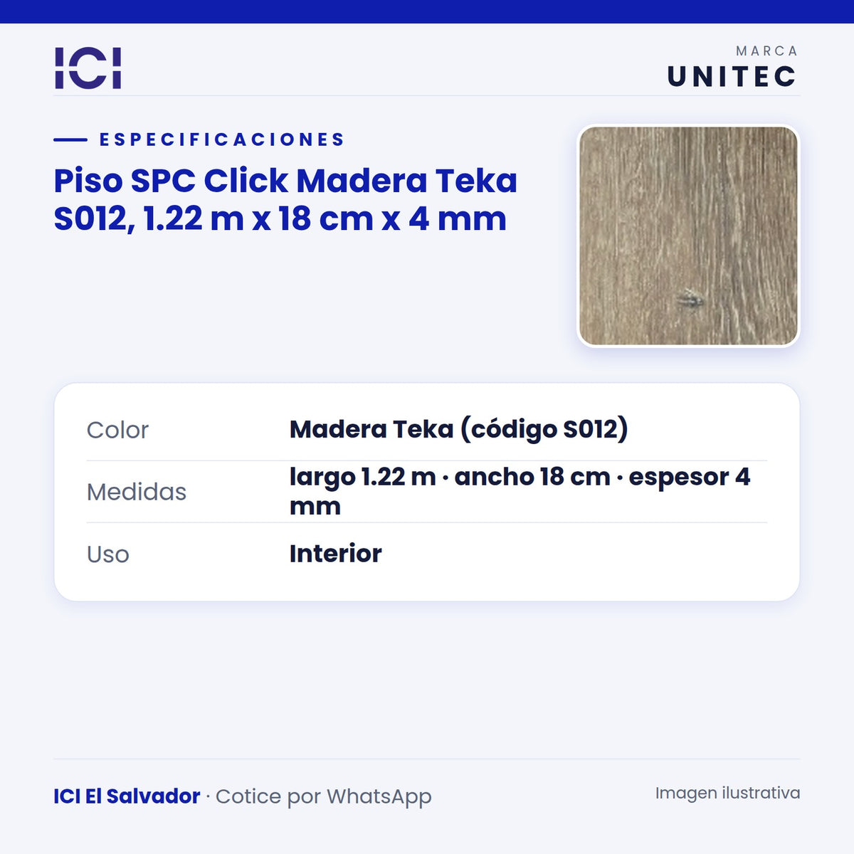 Ficha de especificaciones de Piso SPC Click Madera Teka S012