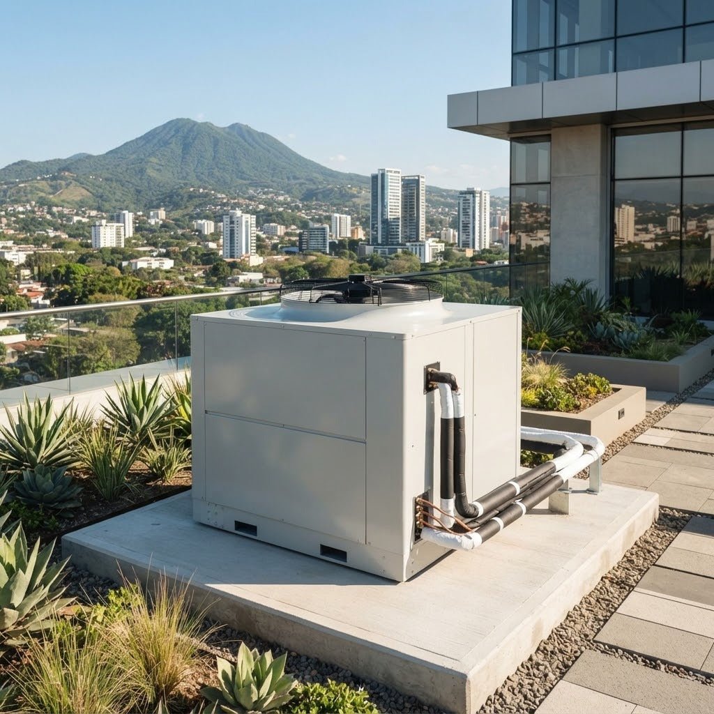 Unidad condensadora exterior nueva en la terraza de un edificio corporativo
