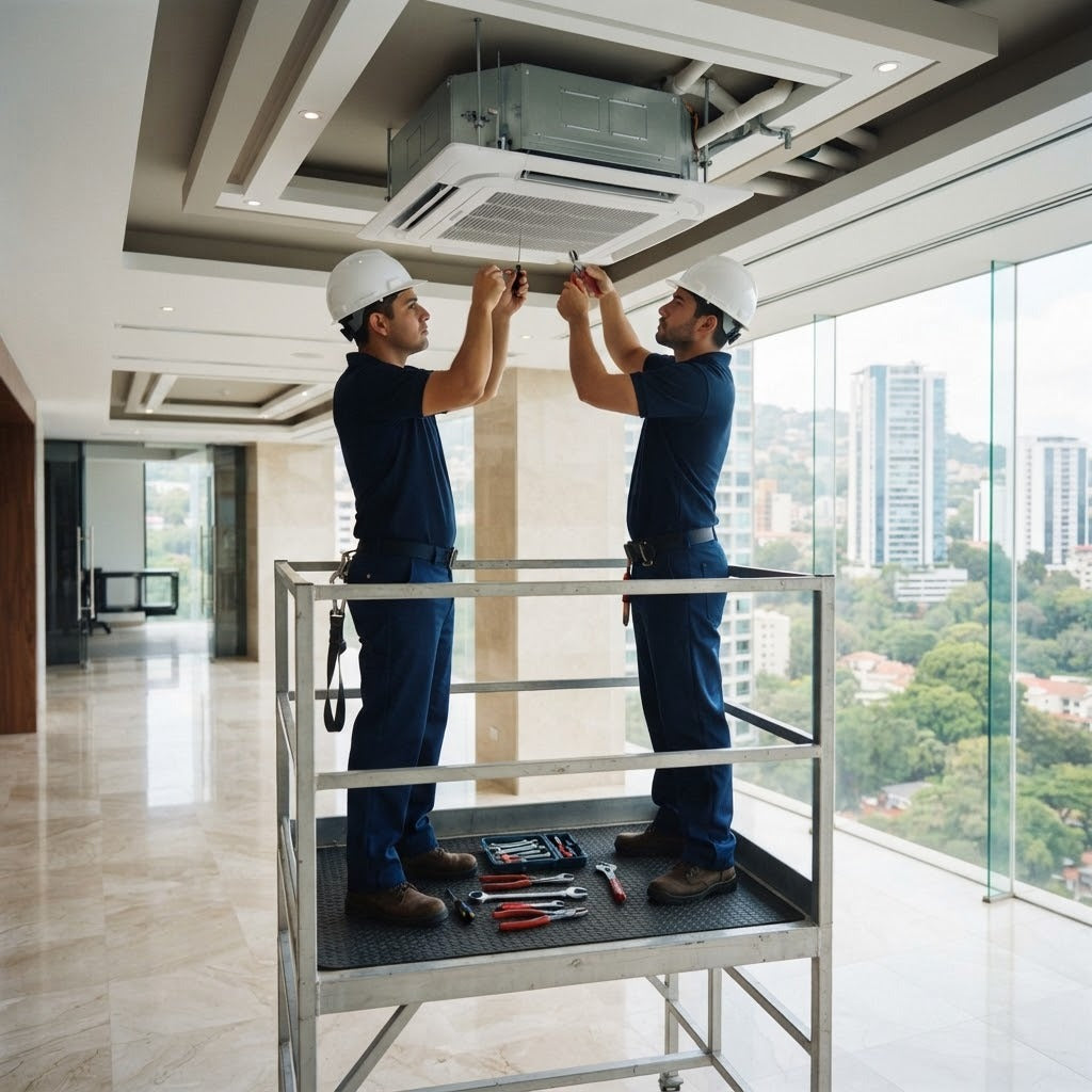 Instalación típica de una unidad piso-techo: técnico fijando la unidad al techo