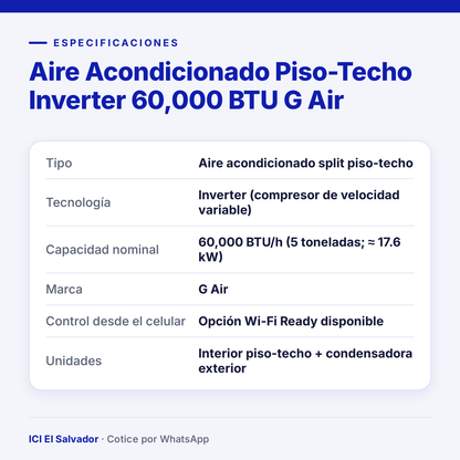 Ficha de especificaciones: piso-techo inverter G Air 60,000 BTU