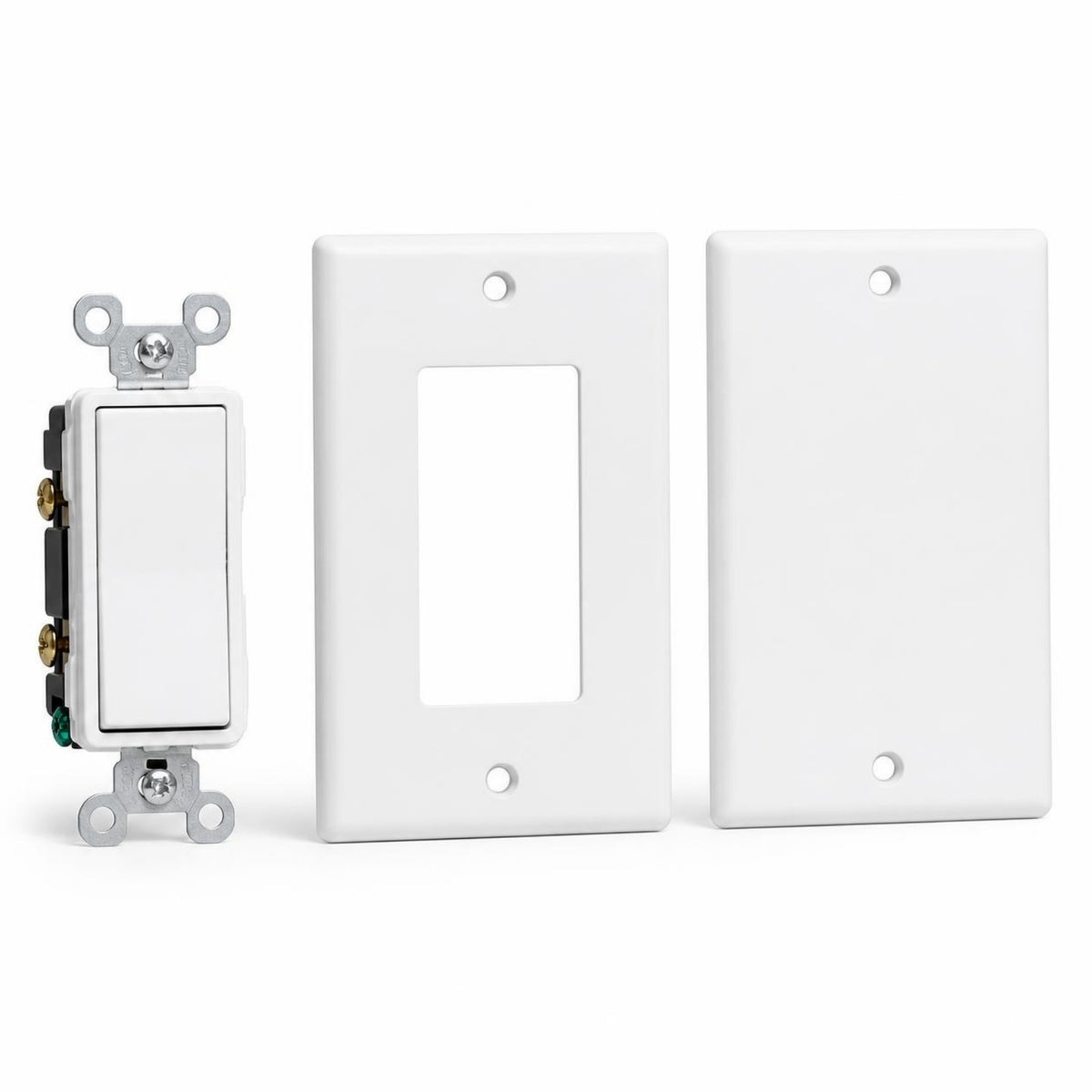 Placa sencilla plástica blanca 1 módulo 4x2 pulg — con interruptor y placa ciega sobre fondo blanco