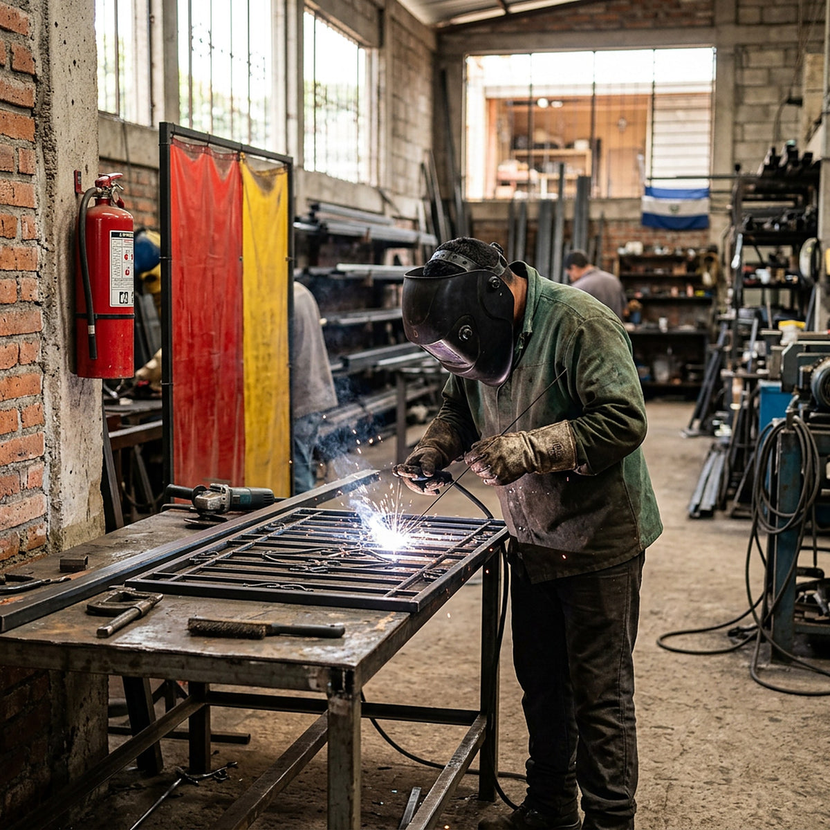 Soldador con careta y guantes fabricando balcón de platina en taller, imagen referencial