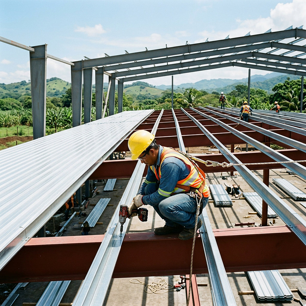Obrero con arnés y casco instalando polines C galvanizados en techo de bodega, imagen referencial