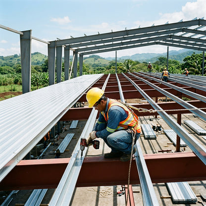 Obrero con arnés y casco instalando polines C galvanizados en techo de bodega, imagen referencial