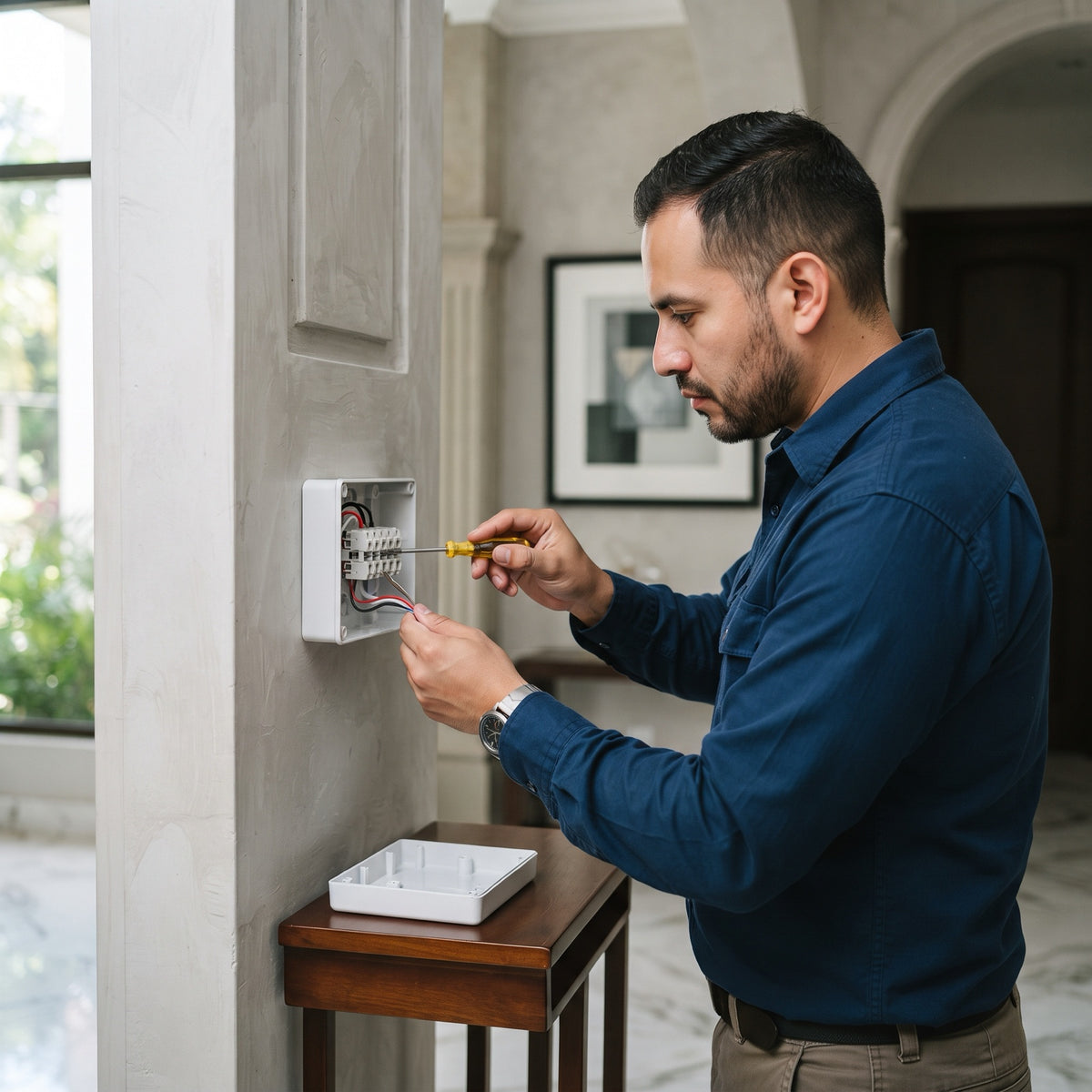 Instalación típica: electricista conectando la bornera del protector