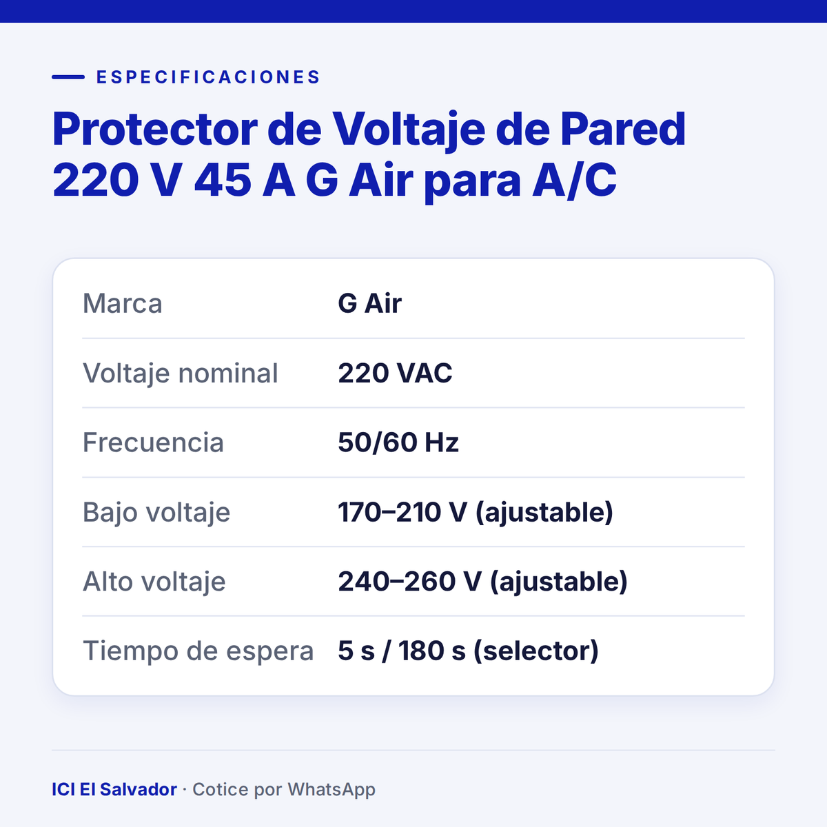 Ficha de especificaciones: protector de voltaje de pared 45 A