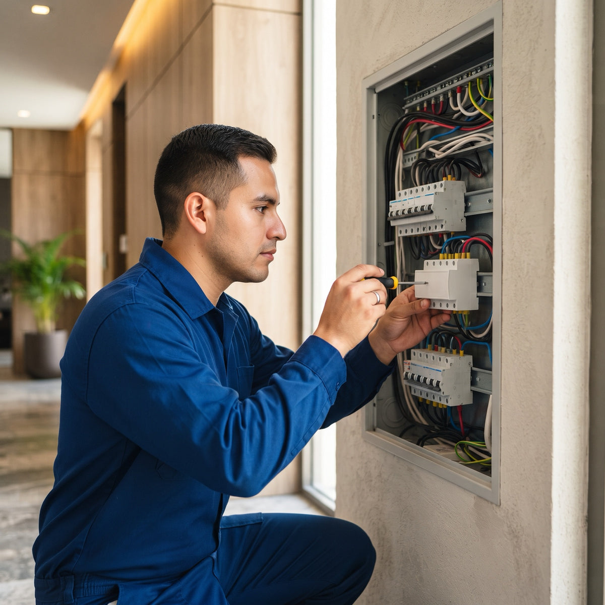 Instalación típica: electricista montando el protector en el tablero
