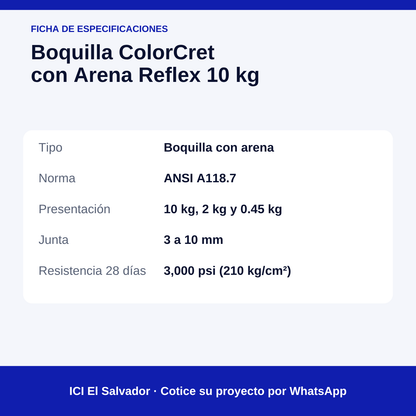 Boquilla ColorCret con arena Reflex 10 kg — tarjeta de especificaciones