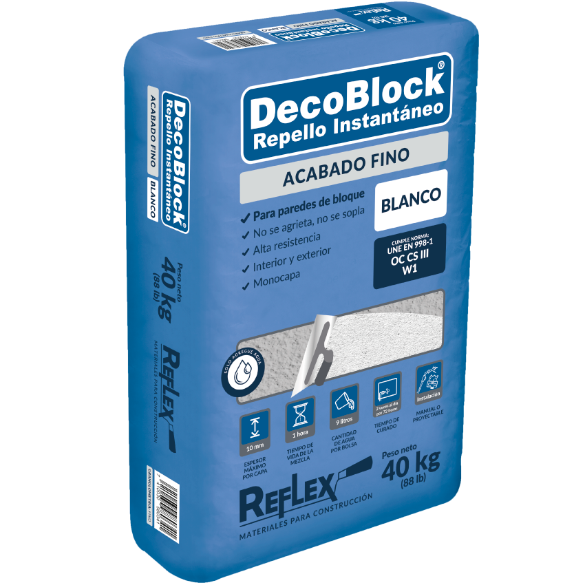 Acabado fino blanco DecoBlock 40 kg — saco sobre fondo blanco