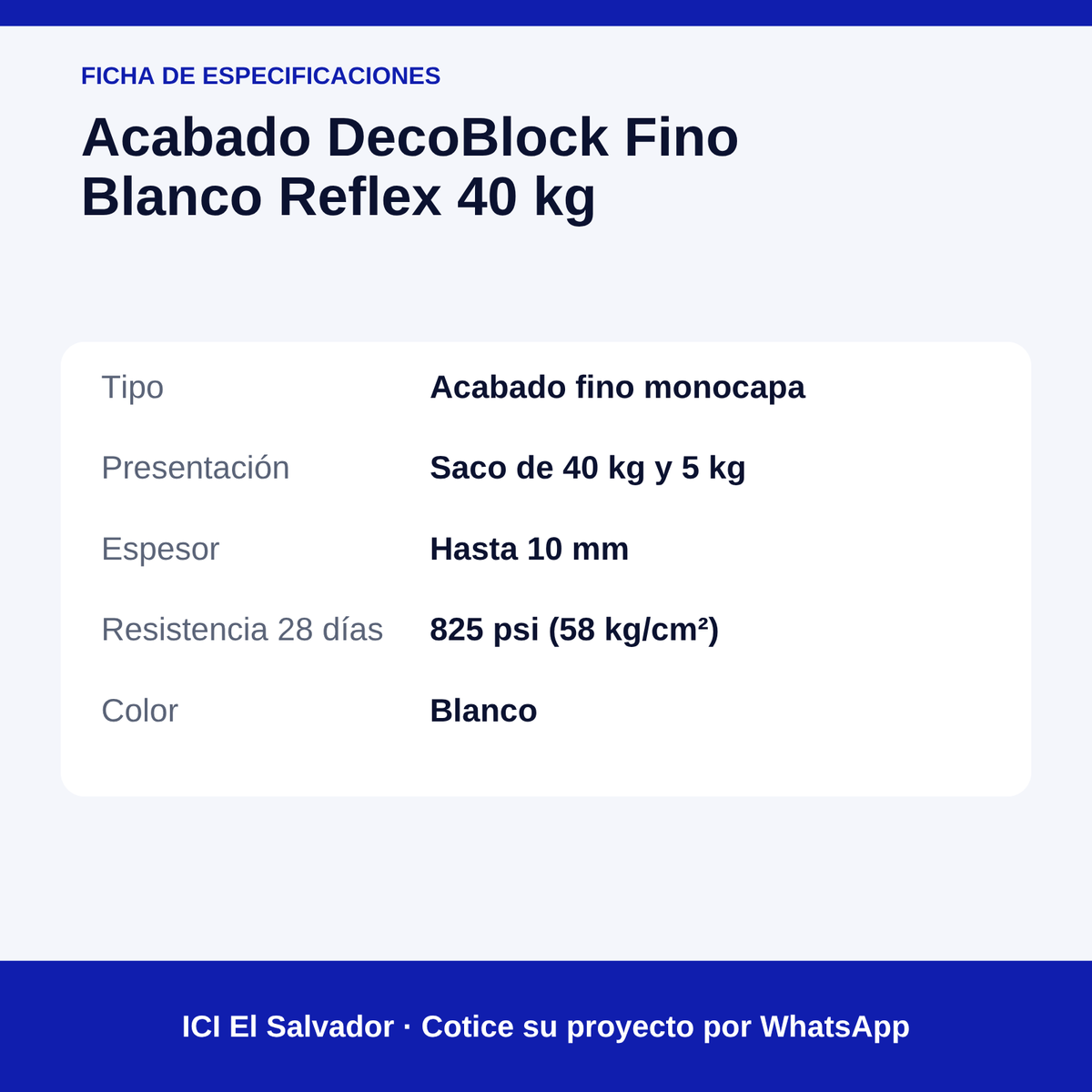 Acabado fino blanco DecoBlock 40 kg — tarjeta de especificaciones