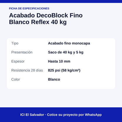 Acabado fino blanco DecoBlock 40 kg — tarjeta de especificaciones