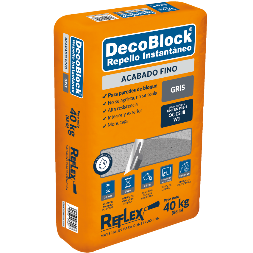 Acabado fino gris DecoBlock 40 kg — saco sobre fondo blanco