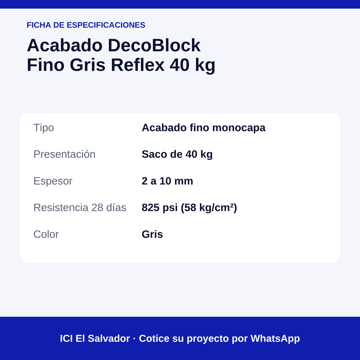 Acabado fino gris DecoBlock 40 kg — tarjeta de especificaciones