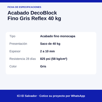 Acabado fino gris DecoBlock 40 kg — tarjeta de especificaciones