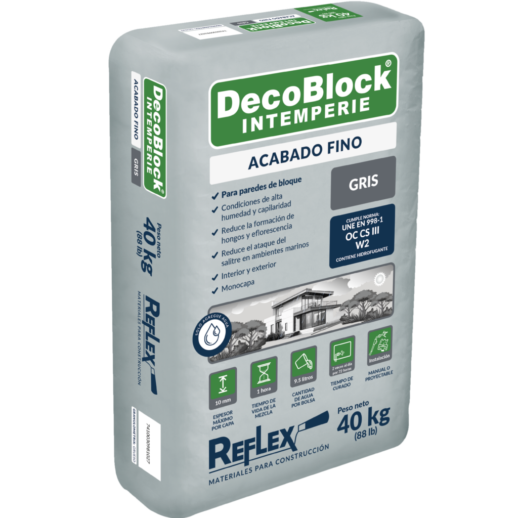 Acabado fino gris DecoBlock Intemperie 40 kg — saco sobre fondo blanco