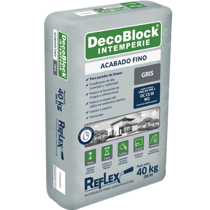 Acabado fino gris DecoBlock Intemperie 40 kg — saco sobre fondo blanco