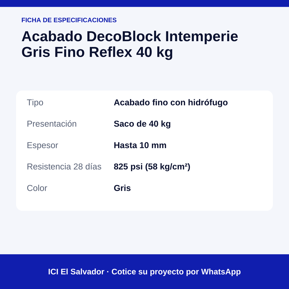 Acabado fino gris DecoBlock Intemperie 40 kg — tarjeta de especificaciones