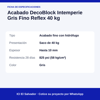 Acabado fino gris DecoBlock Intemperie 40 kg — tarjeta de especificaciones