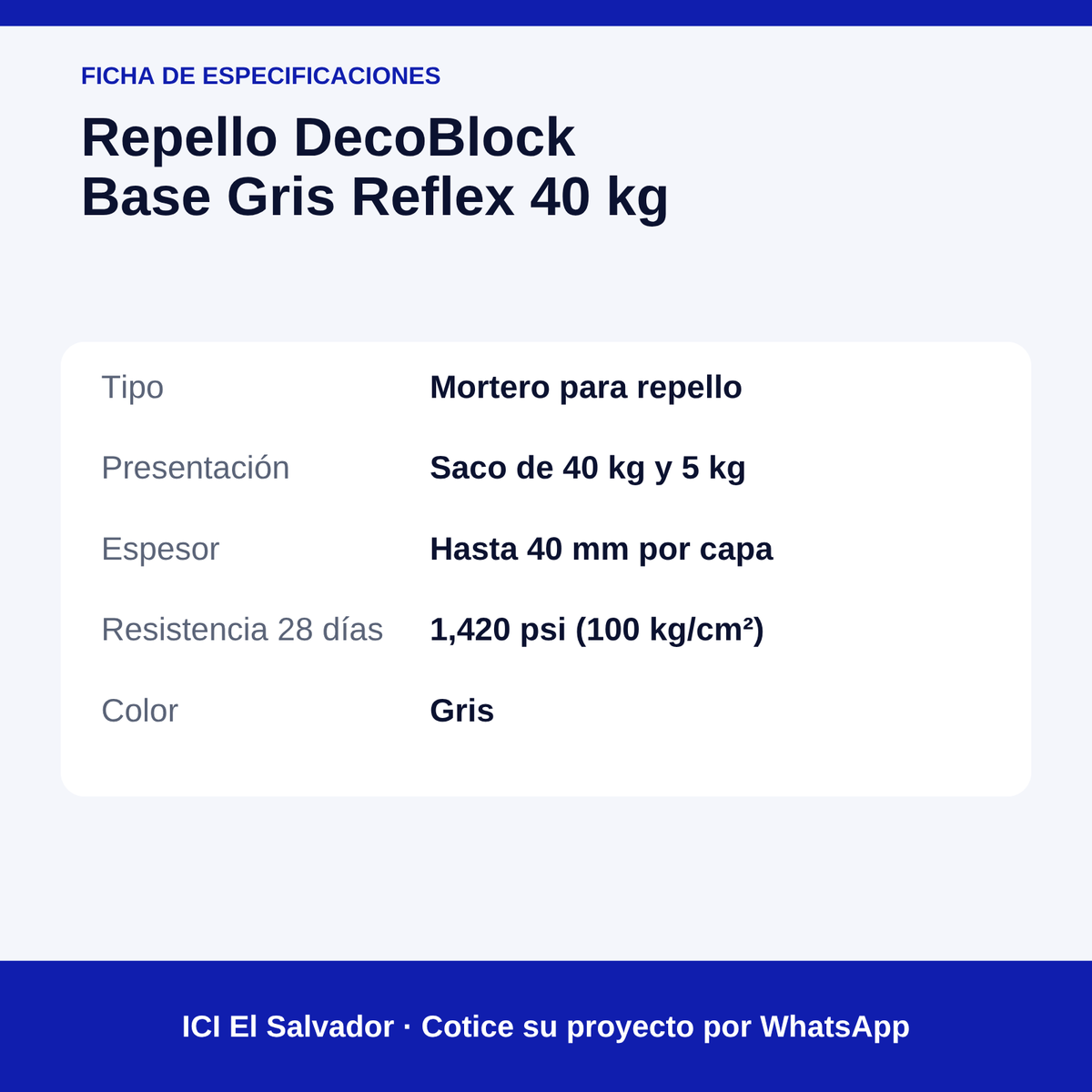 Repello gris DecoBlock Base 40 kg — tarjeta de especificaciones