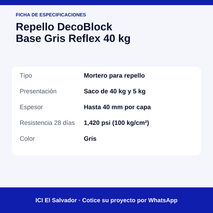 Repello gris DecoBlock Base 40 kg — tarjeta de especificaciones