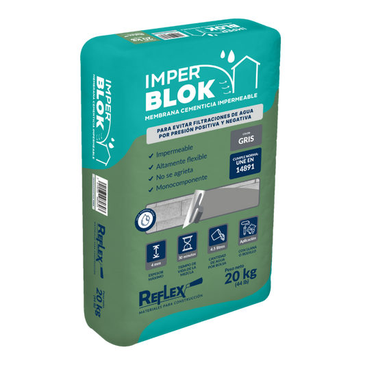 Impermeabilizante cementicio ImperBlok Reflex 20 kg — saco sobre fondo blanco