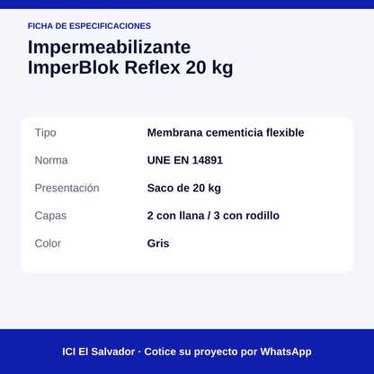 Impermeabilizante cementicio ImperBlok Reflex 20 kg — tarjeta de especificaciones