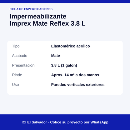 Impermeabilizante Imprex Mate Reflex 3.8 L — tarjeta de especificaciones