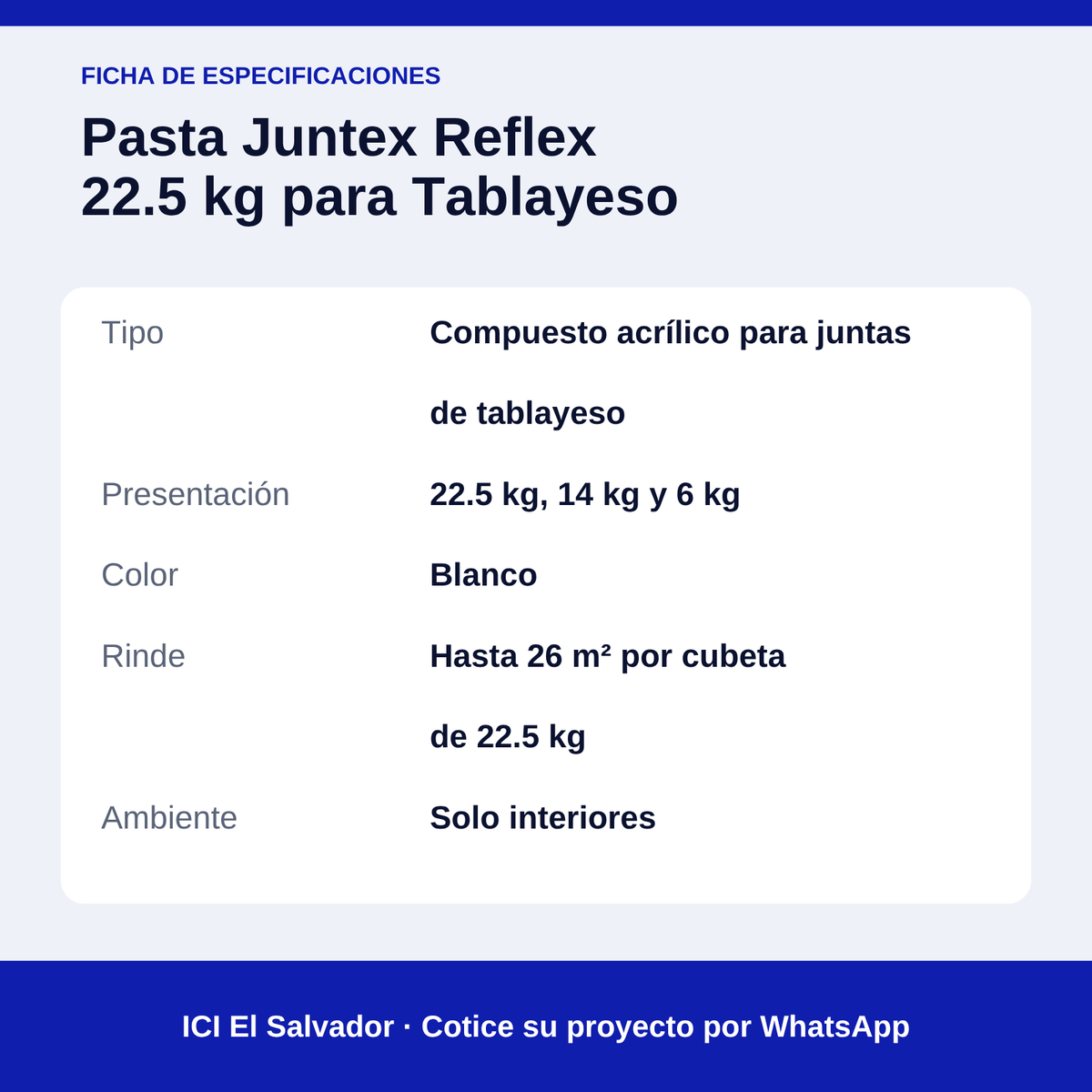 Pasta para tablayeso Juntex Reflex 22.5 kg — tarjeta de especificaciones