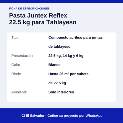 Pasta para tablayeso Juntex Reflex 22.5 kg — tarjeta de especificaciones