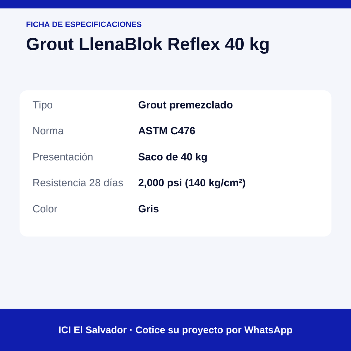 Grout LlenaBlok Reflex 40 kg — tarjeta de especificaciones