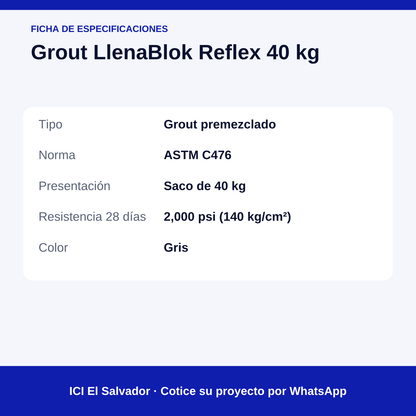 Grout LlenaBlok Reflex 40 kg — tarjeta de especificaciones