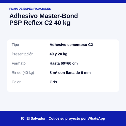 Pegamento para porcelanato Master-Bond PSP 40 kg — tarjeta de especificaciones
